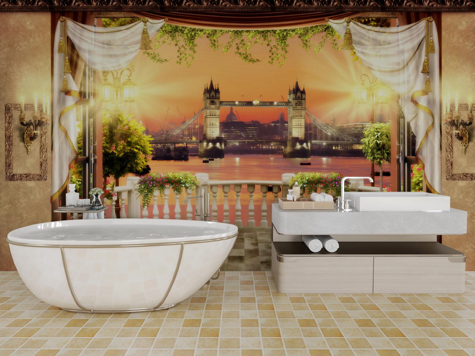 Fotobehang uitzicht op londen bridge vanaf het balkon in de avond