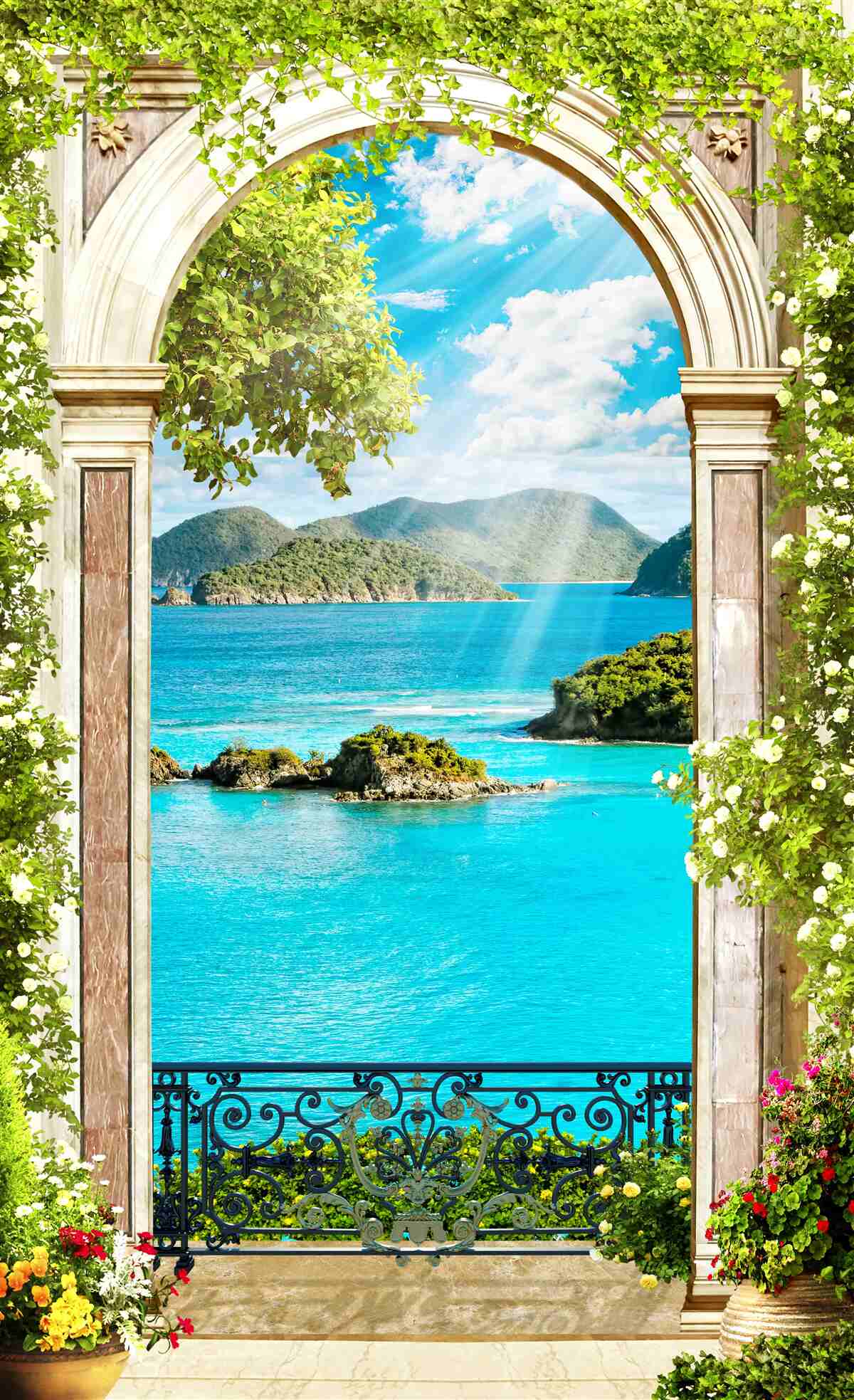 Fotobehang groene boog met prachtig uitzicht op zee