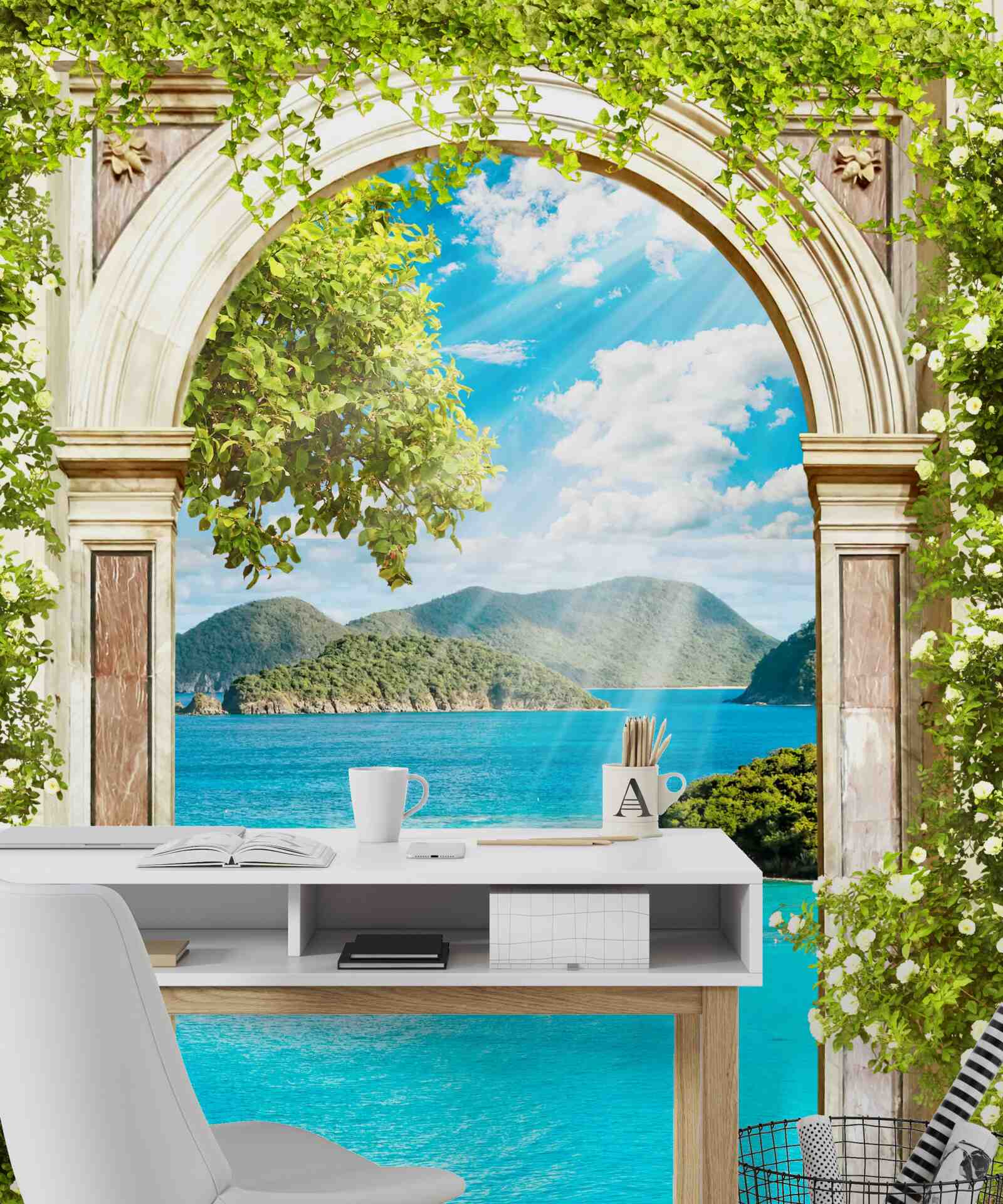 Fotobehang groene boog met prachtig uitzicht op zee