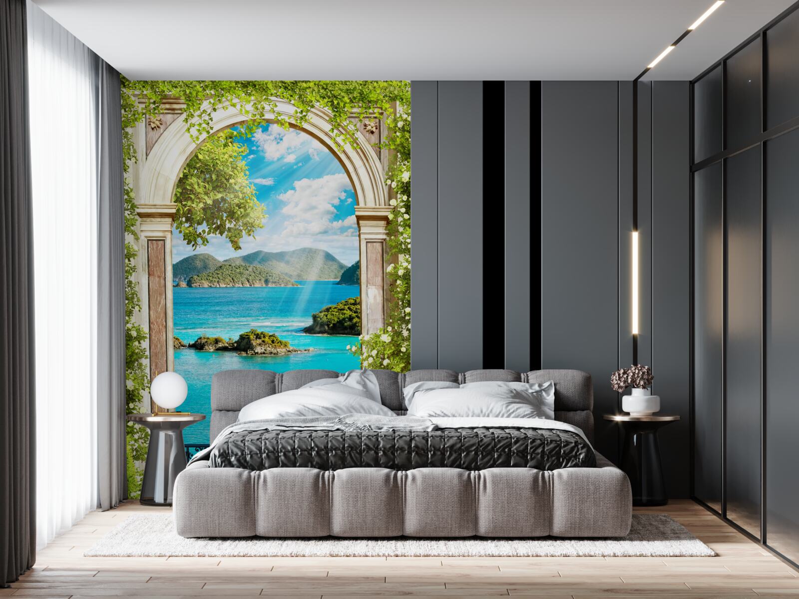 Fotobehang groene boog met prachtig uitzicht op zee