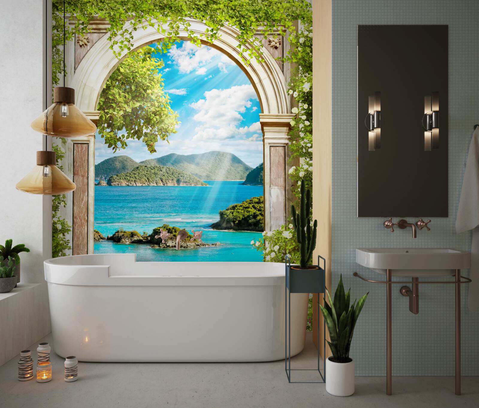 Fotobehang groene boog met prachtig uitzicht op zee