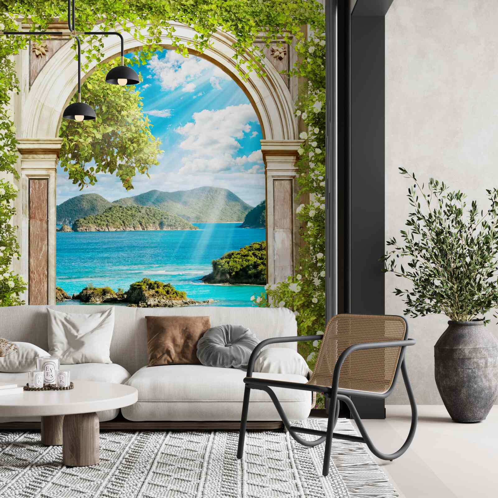 Fotobehang groene boog met prachtig uitzicht op zee