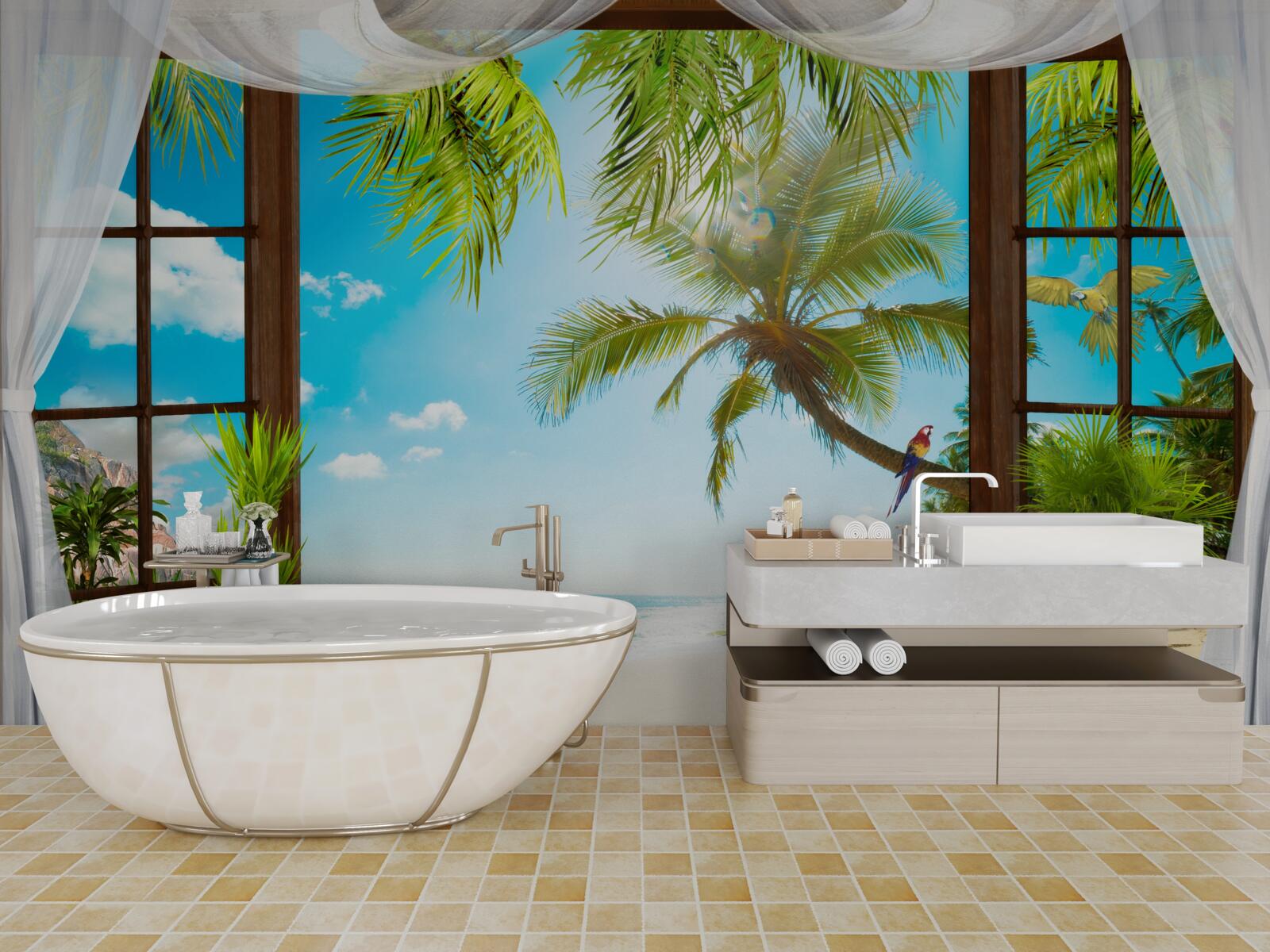 Fotobehang uitgang van het huis naar het zandstrand