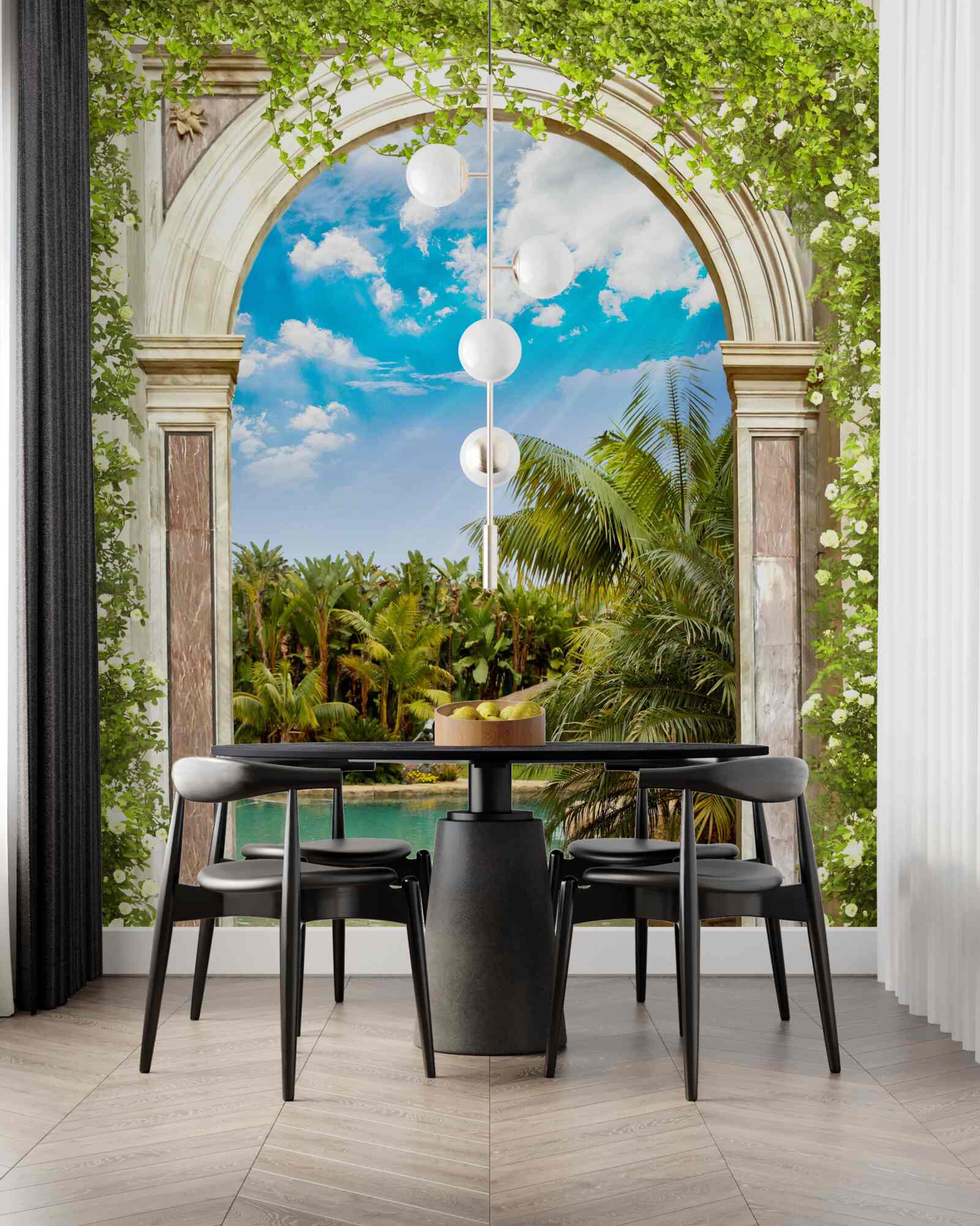 Fotobehang uitzicht op water en palmbomen door de boog