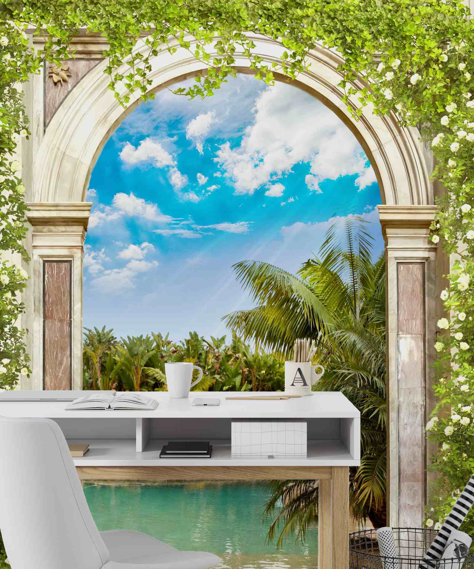 Fotobehang uitzicht op water en palmbomen door de boog