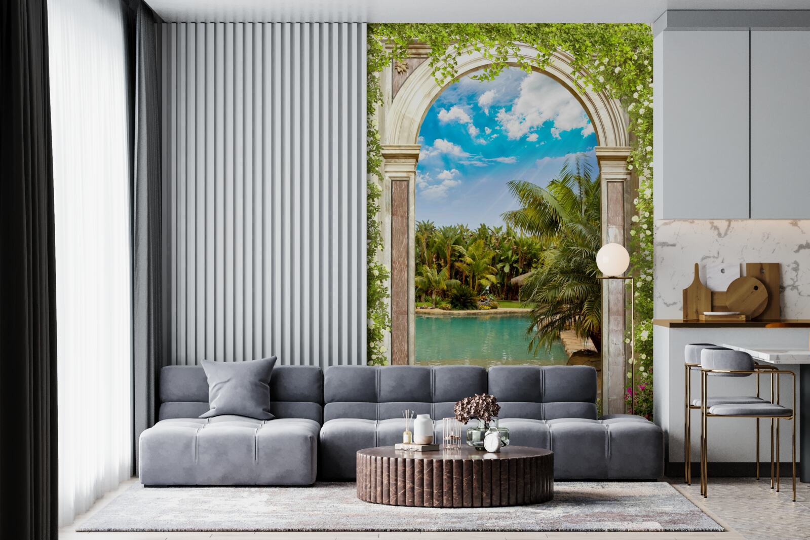 Fotobehang uitzicht op water en palmbomen door de boog