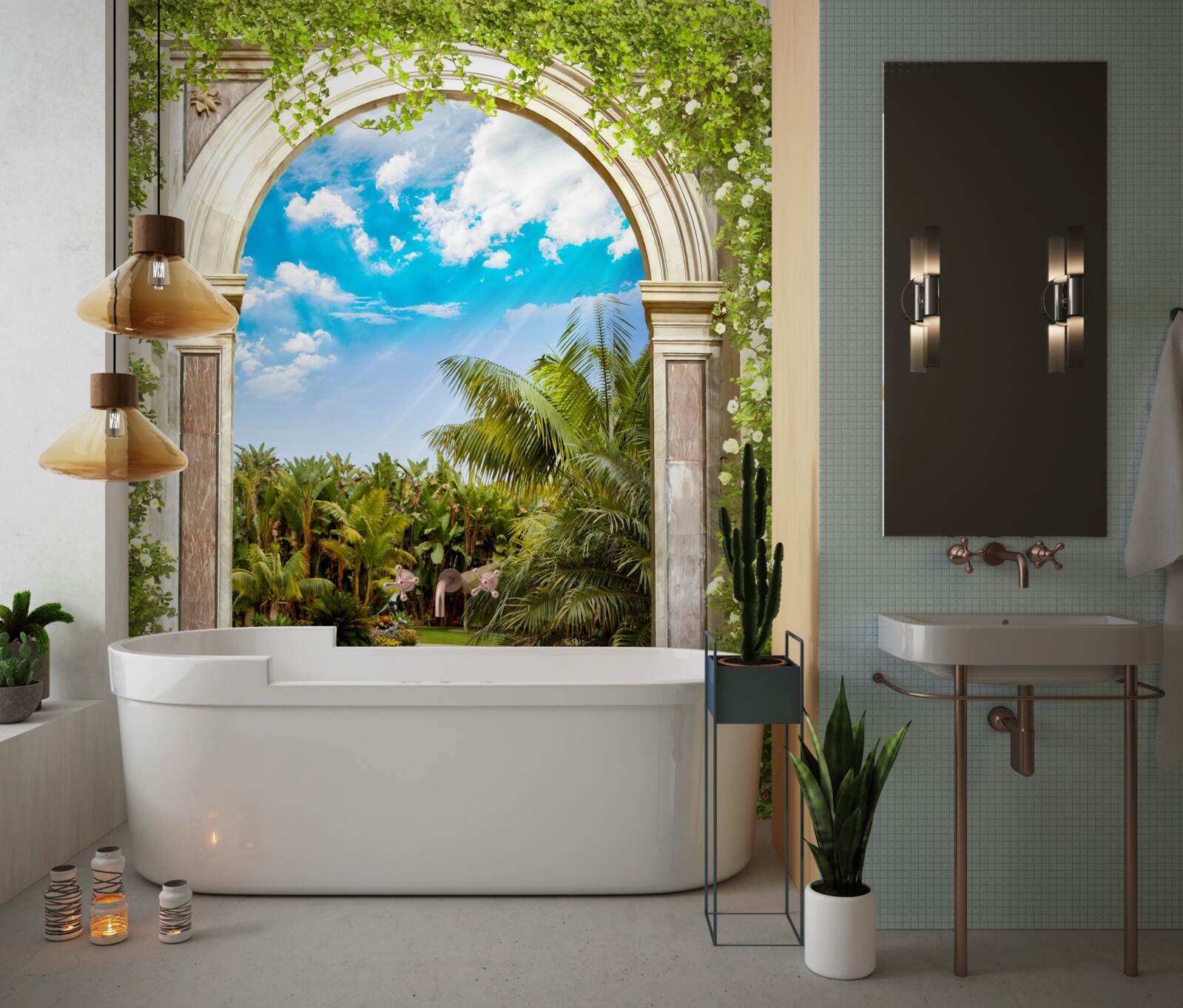 Fotobehang uitzicht op water en palmbomen door de boog