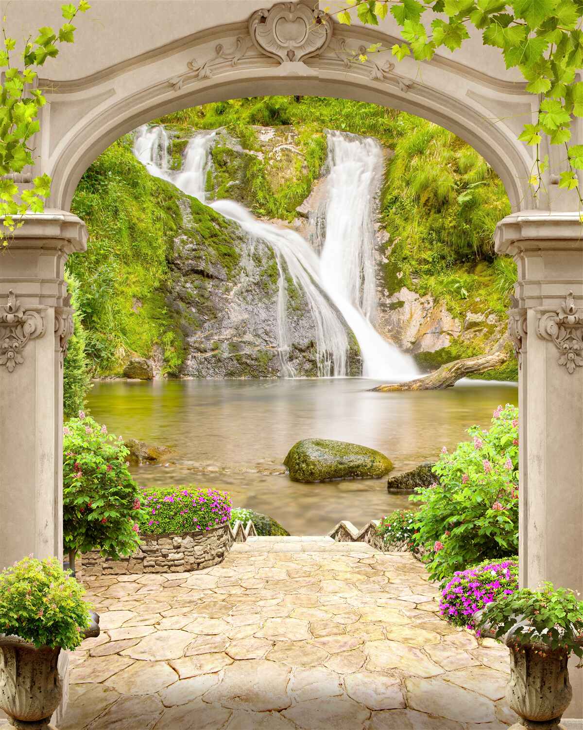 Fotobehang doorgang onder de boog naar de waterval