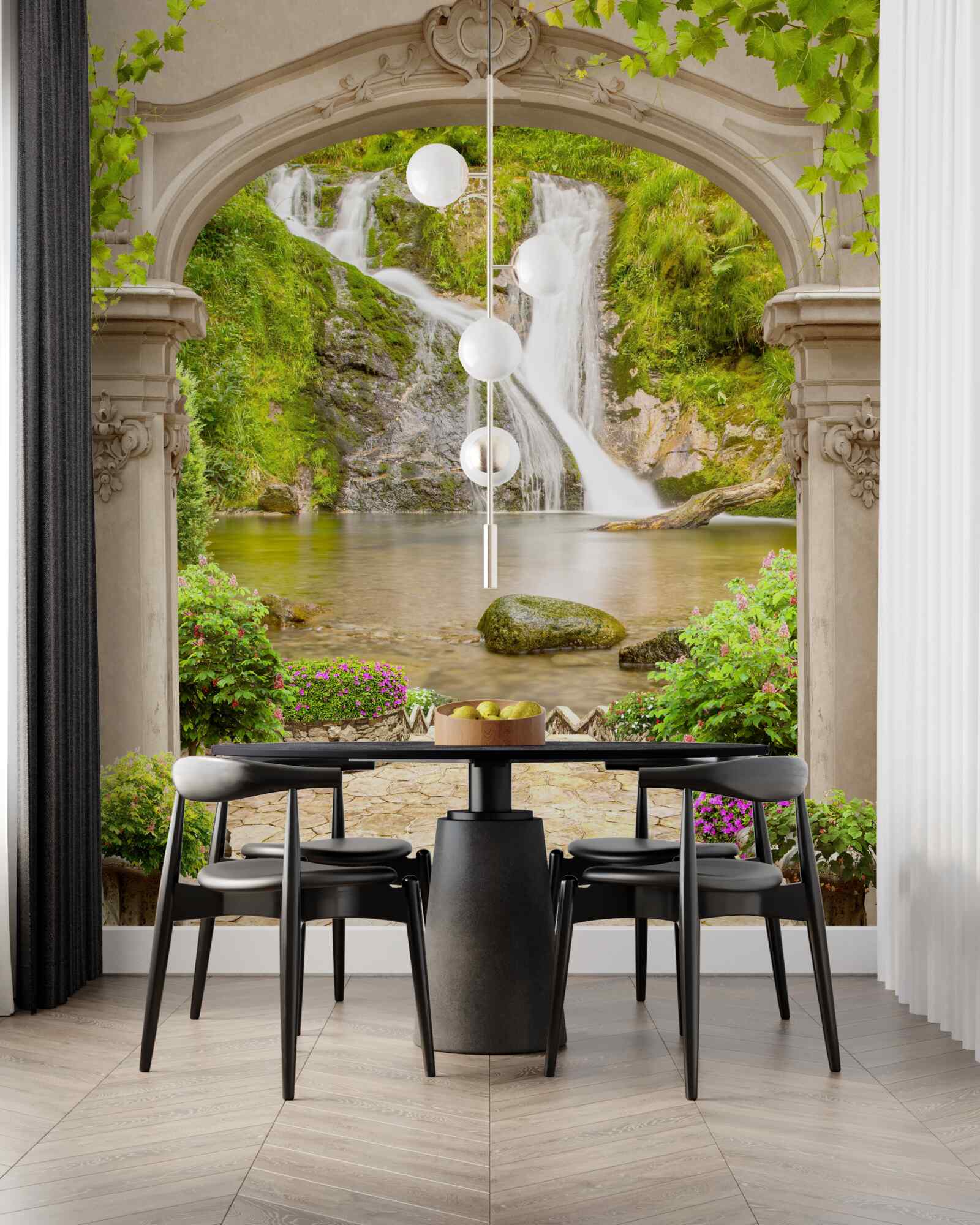 Fotobehang doorgang onder de boog naar de waterval