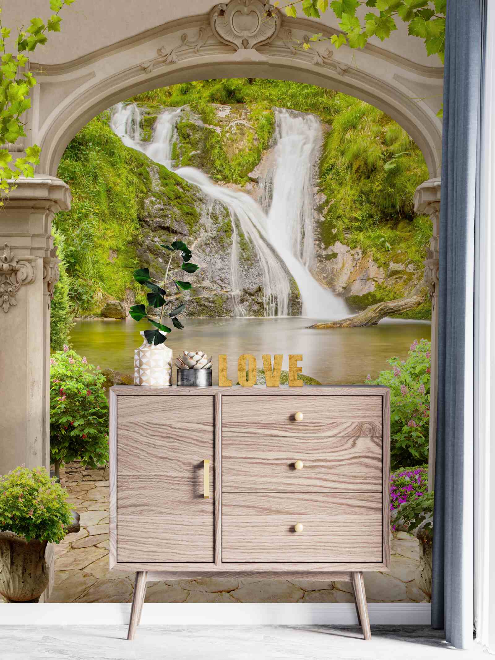 Fotobehang doorgang onder de boog naar de waterval