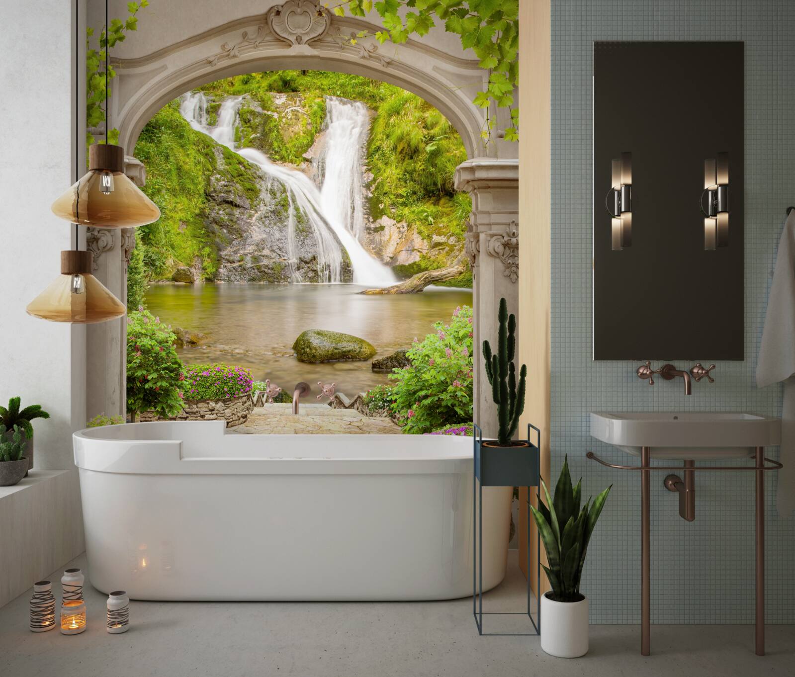 Fotobehang doorgang onder de boog naar de waterval