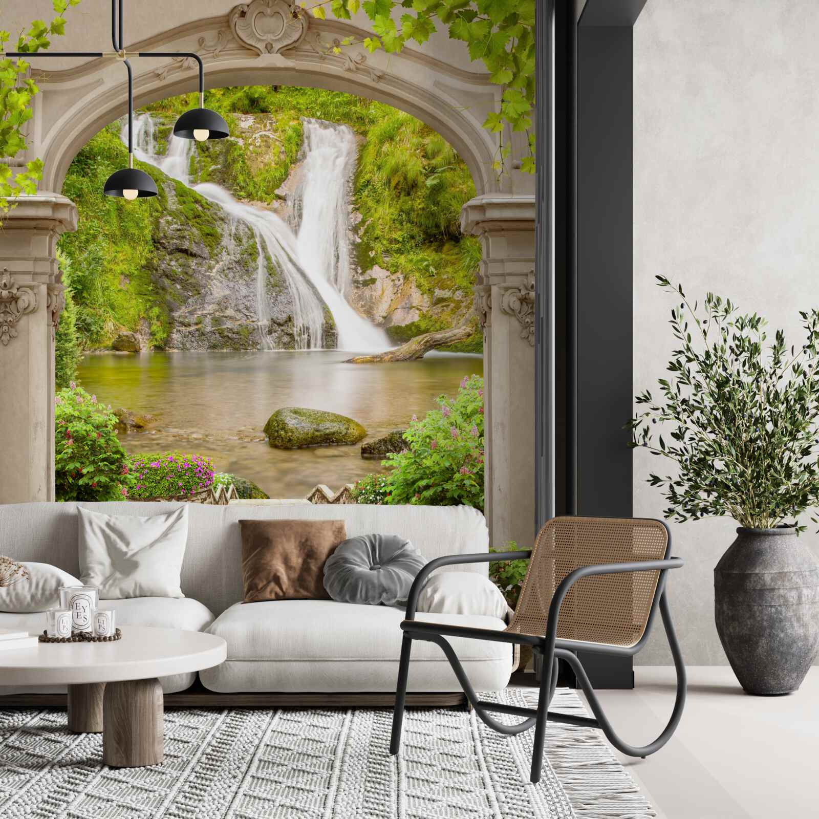 Fotobehang doorgang onder de boog naar de waterval