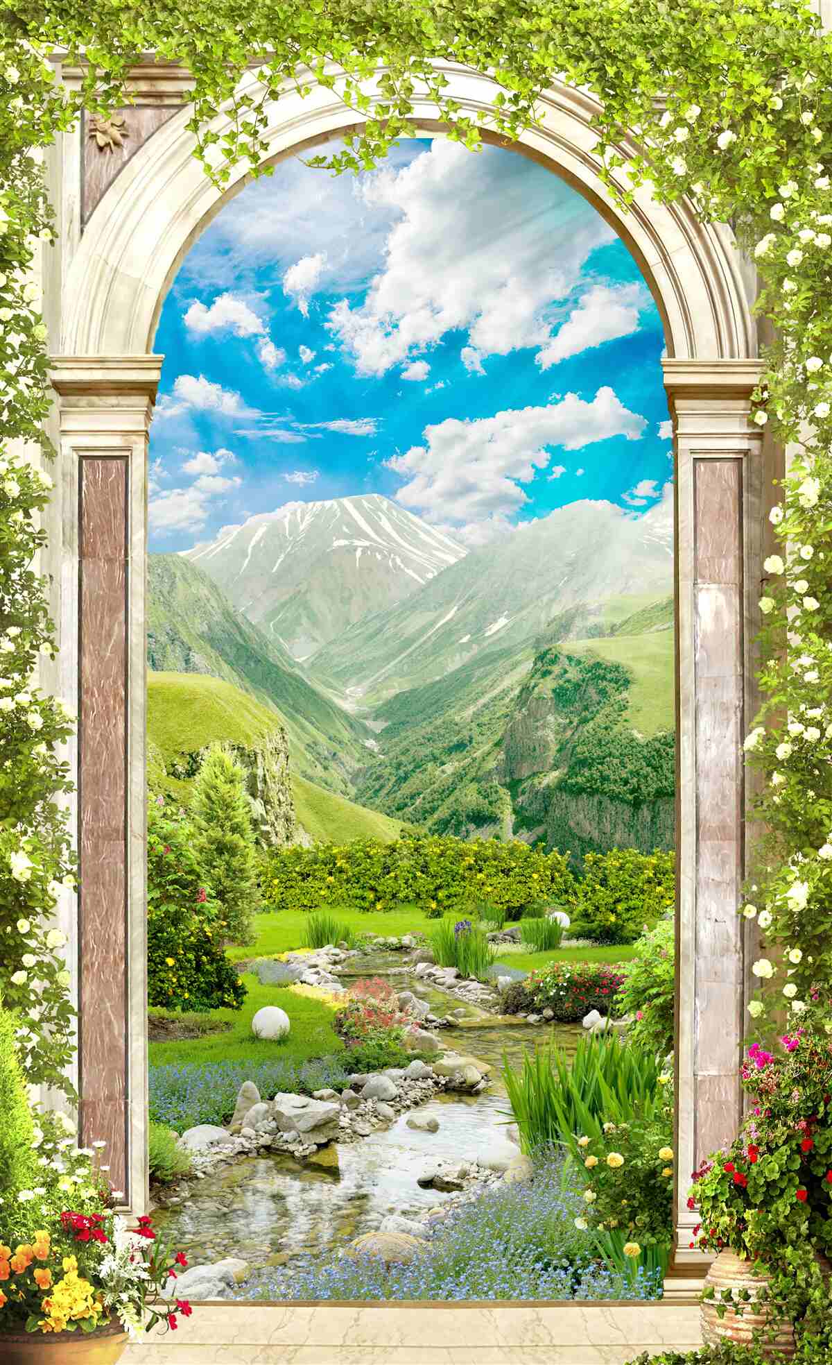 Fotobehang boog met uitzicht op de rivier en de bergen