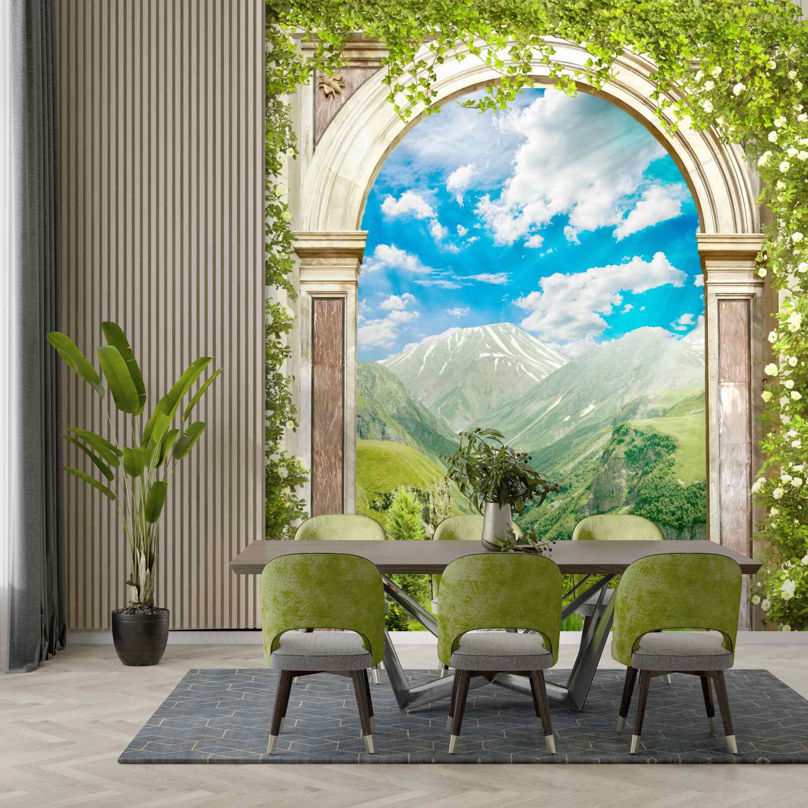 Fotobehang boog met uitzicht op de rivier en de bergen