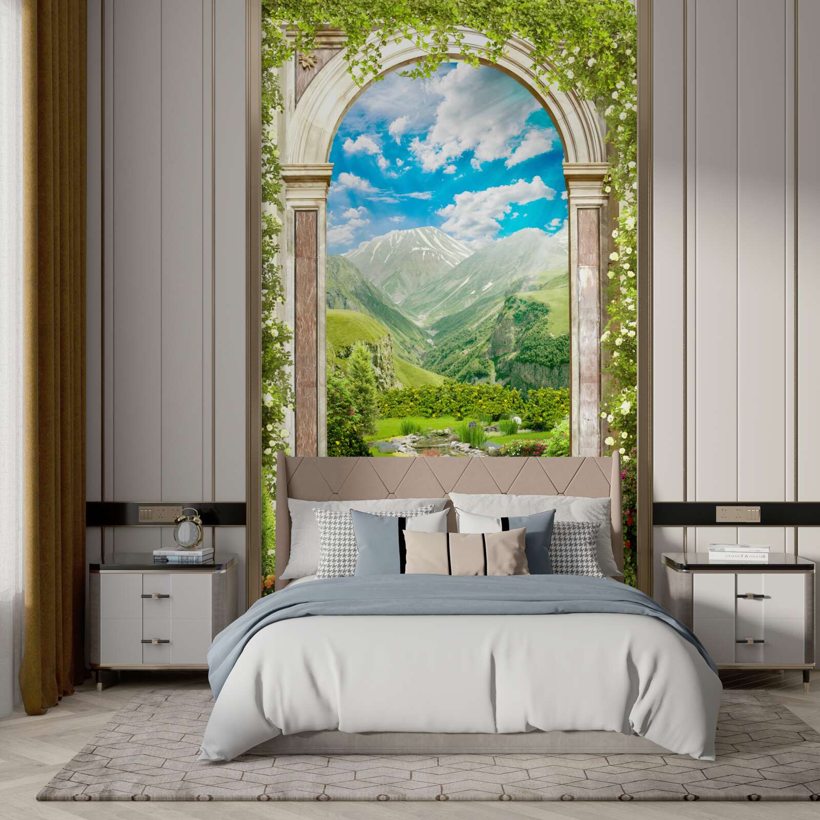 Fotobehang boog met uitzicht op de rivier en de bergen