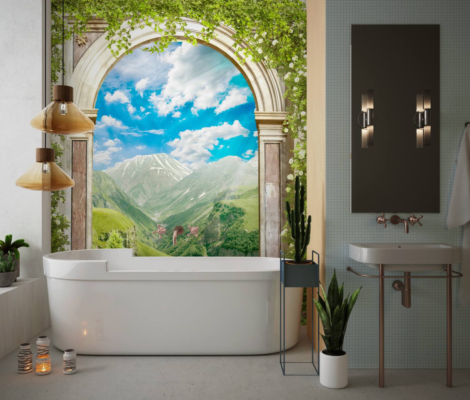 Fotobehang boog met uitzicht op de rivier en de bergen