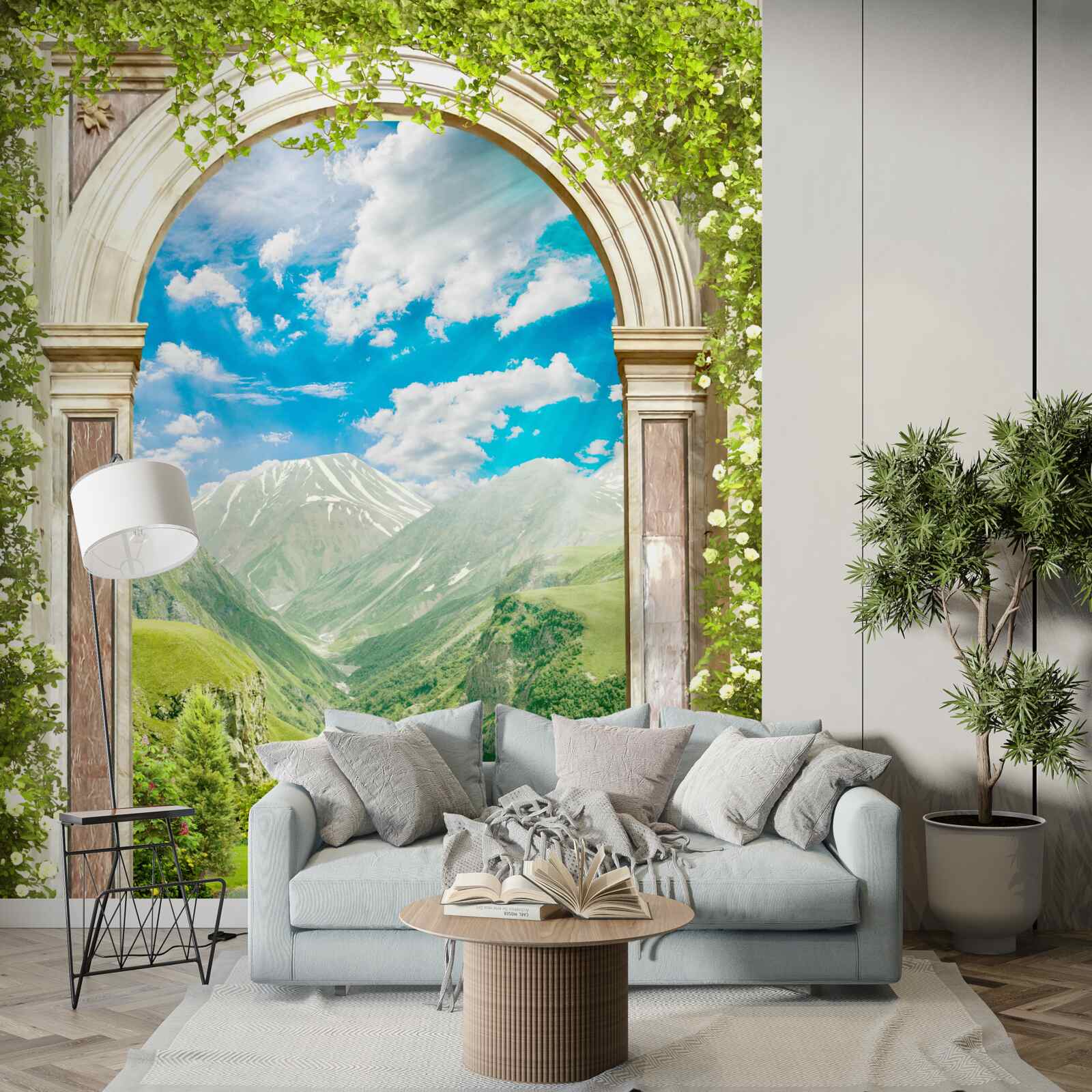 Fotobehang boog met uitzicht op de rivier en de bergen