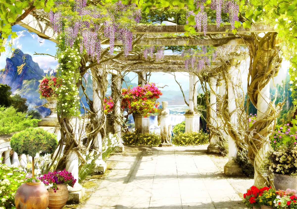 Fotobehang grieks terras badend in bloemen