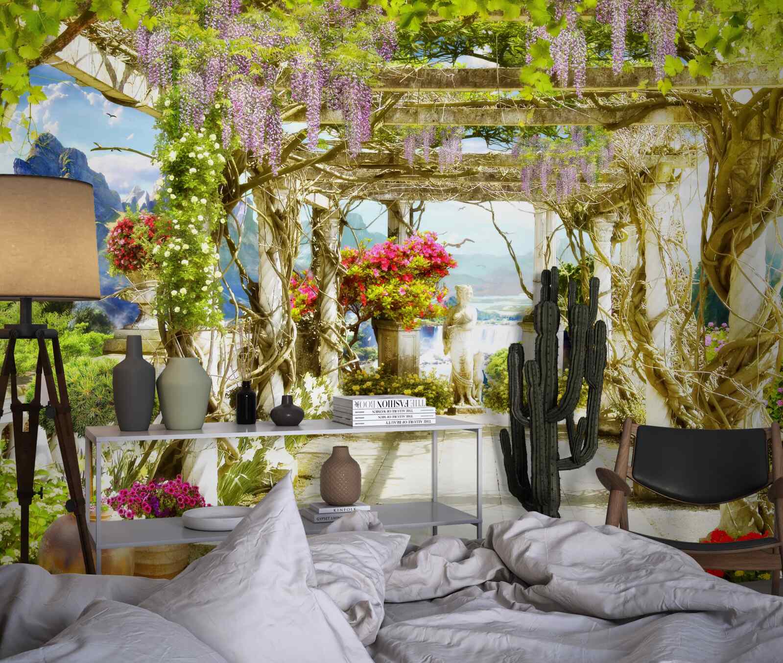 Fotobehang grieks terras badend in bloemen