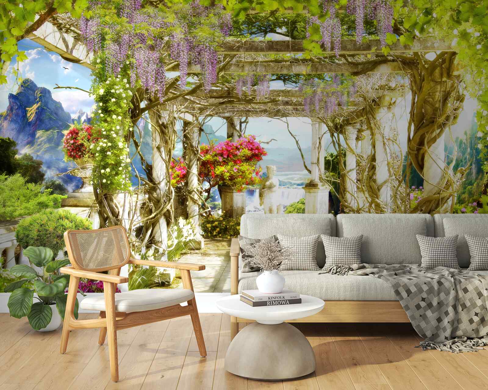 Fotobehang grieks terras badend in bloemen