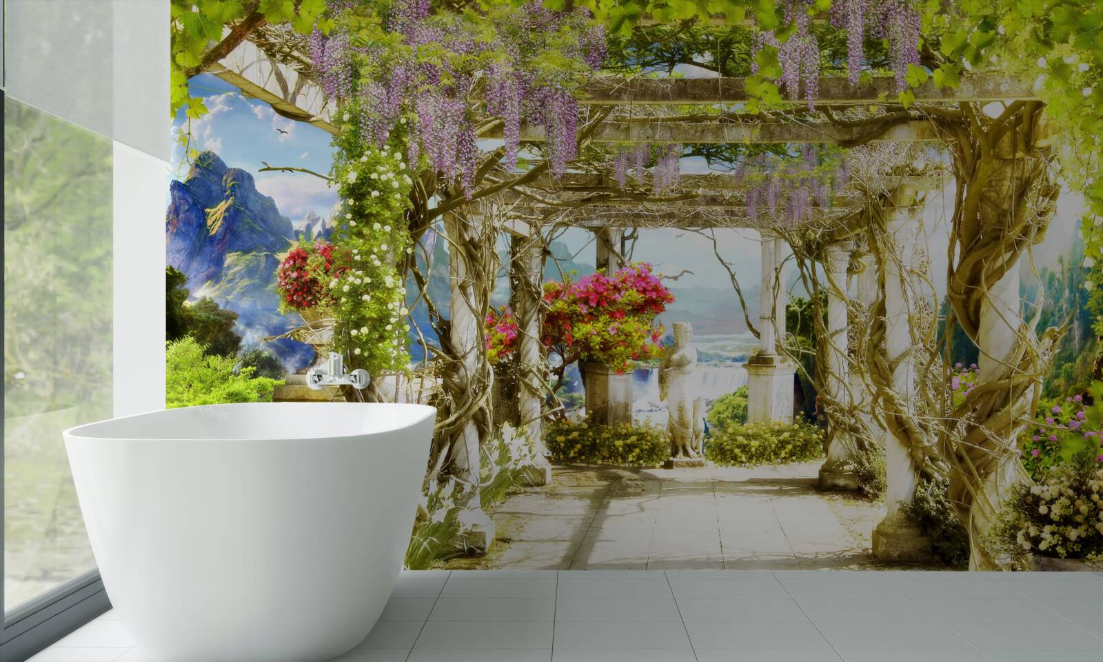 Fotobehang grieks terras badend in bloemen