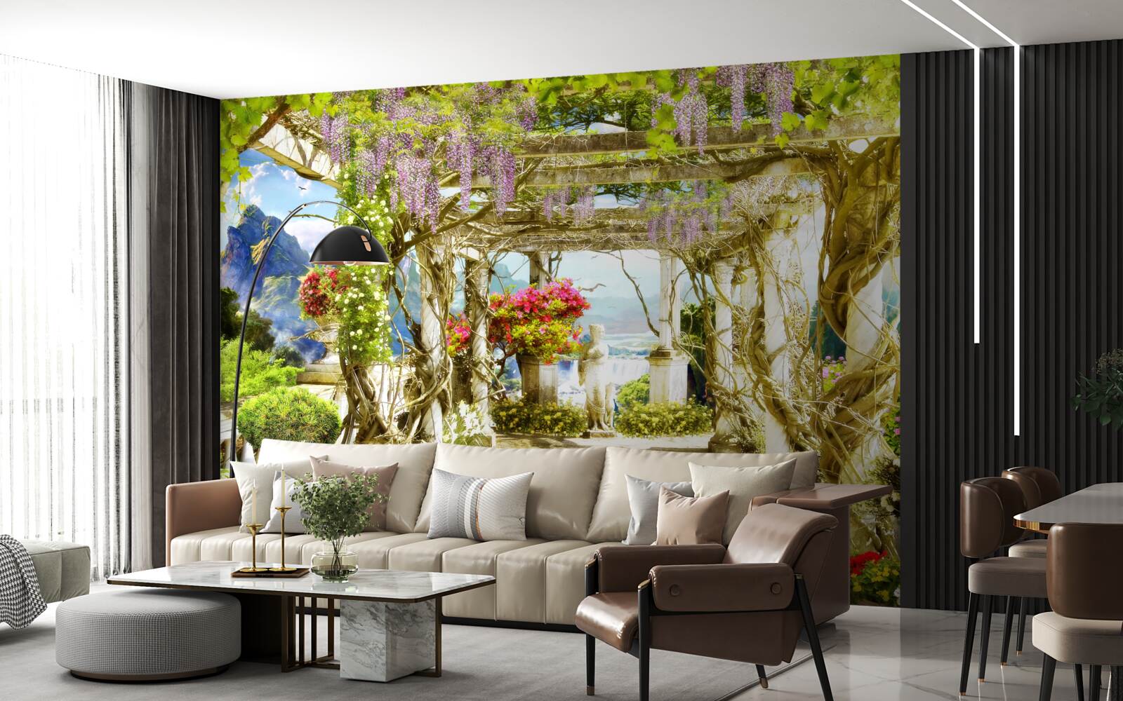 Fotobehang grieks terras badend in bloemen