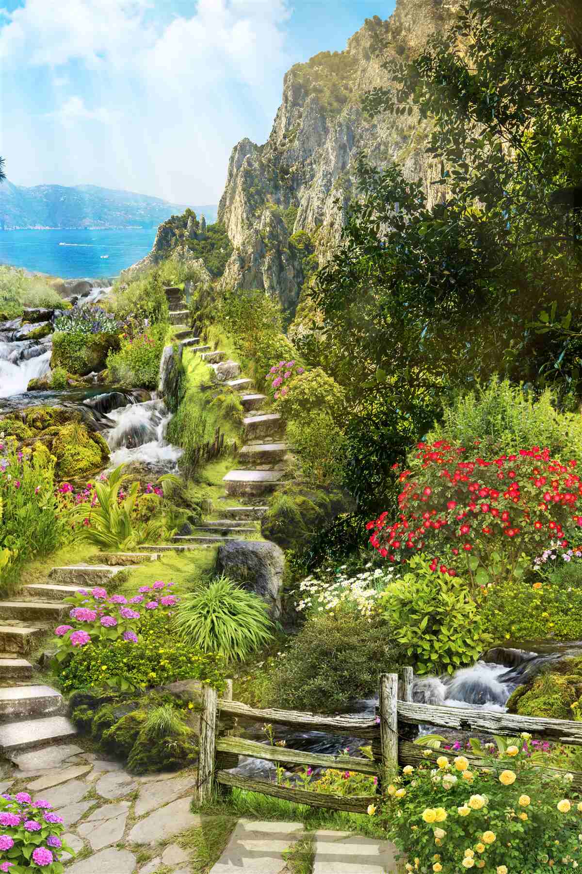 Fotobehang tuin met uitzicht op zee