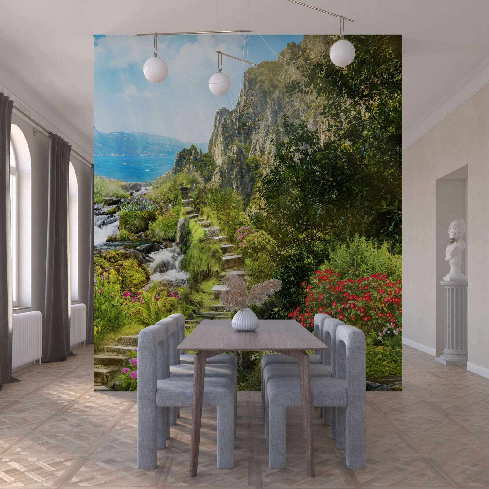 Fotobehang tuin met uitzicht op zee