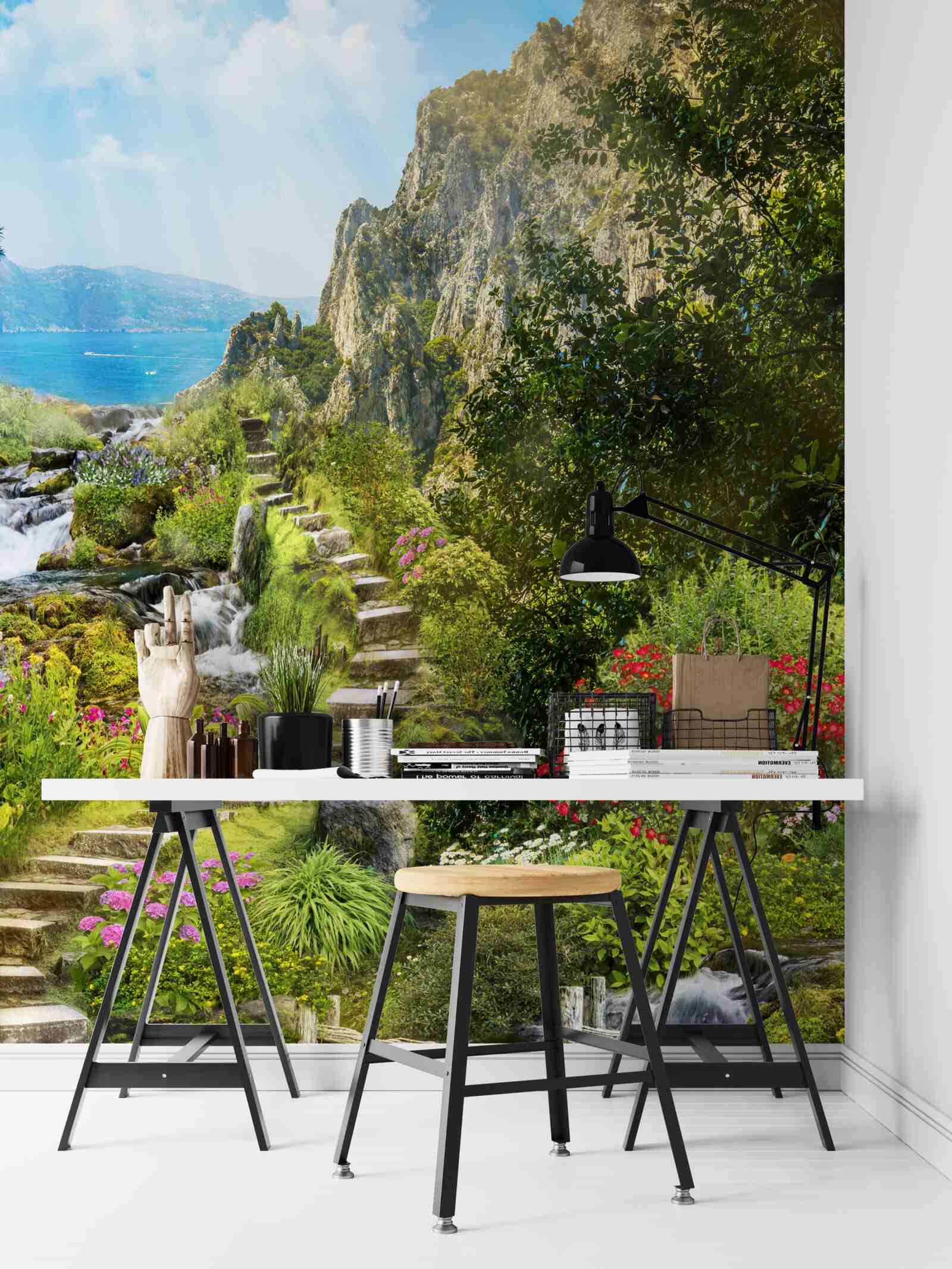 Fotobehang tuin met uitzicht op zee