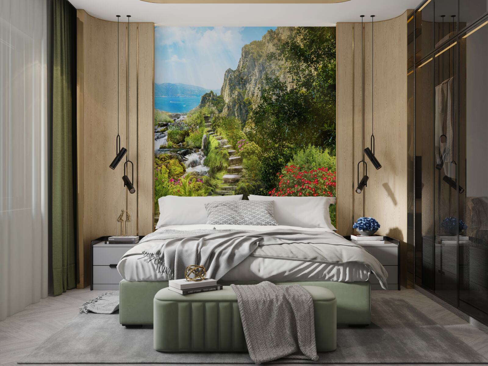 Fotobehang tuin met uitzicht op zee