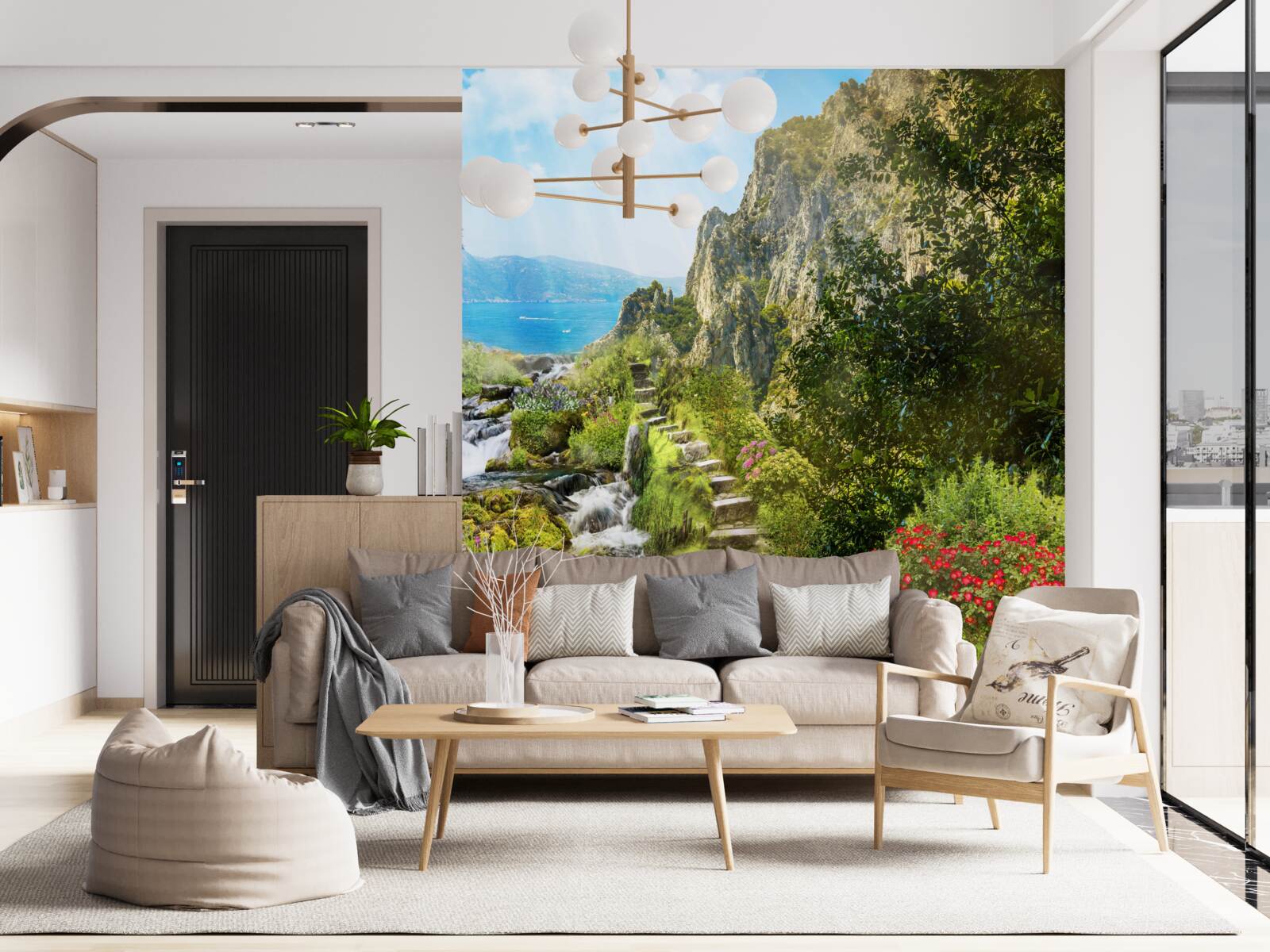 Fotobehang tuin met uitzicht op zee