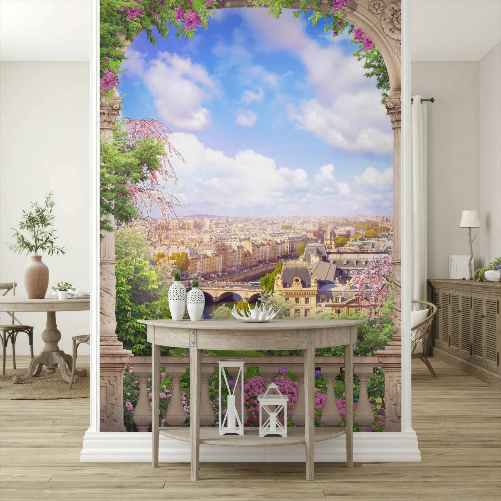 Fotobehang panorama van de stad vanaf een bloeiend balkon