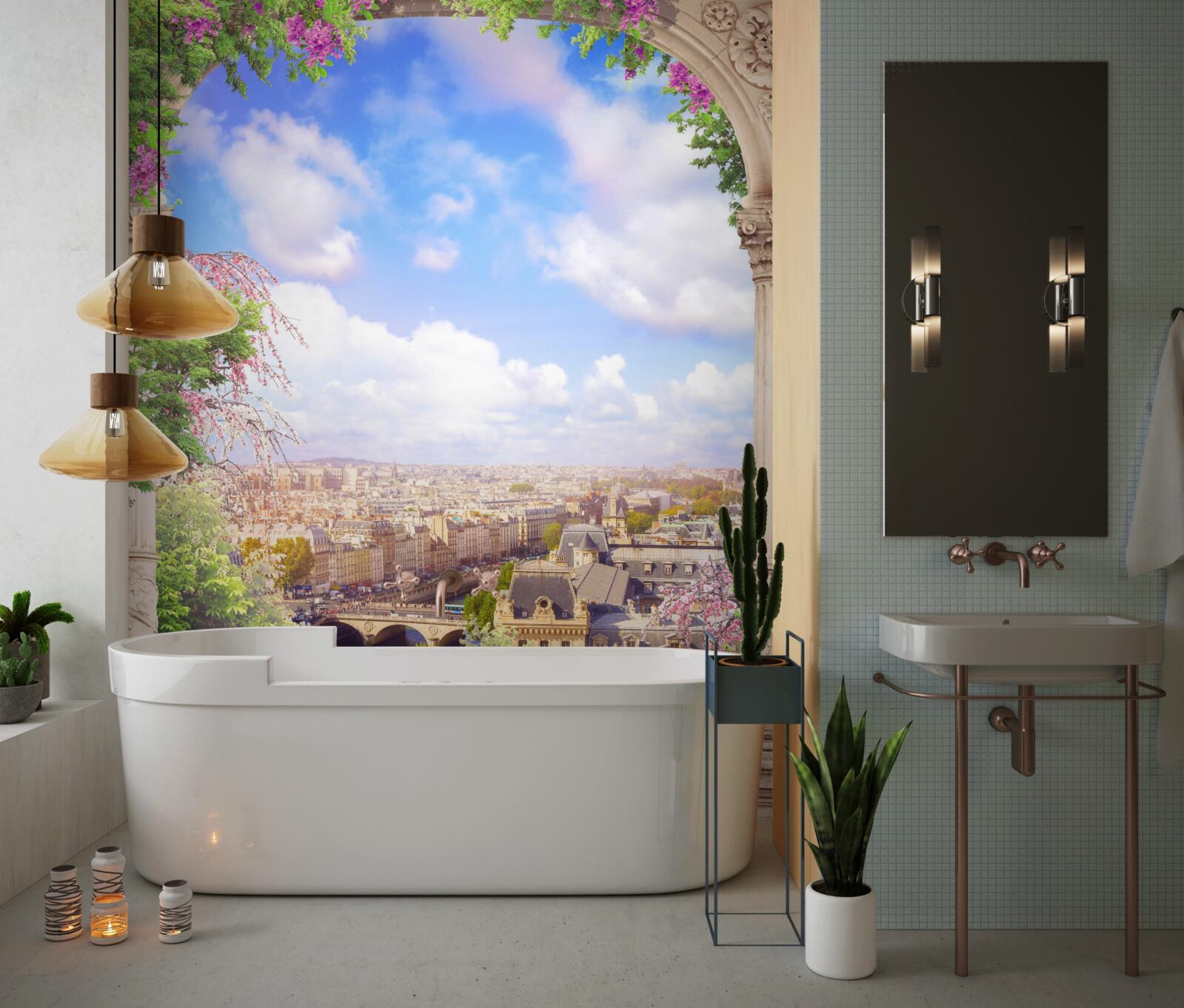 Fotobehang panorama van de stad vanaf een bloeiend balkon