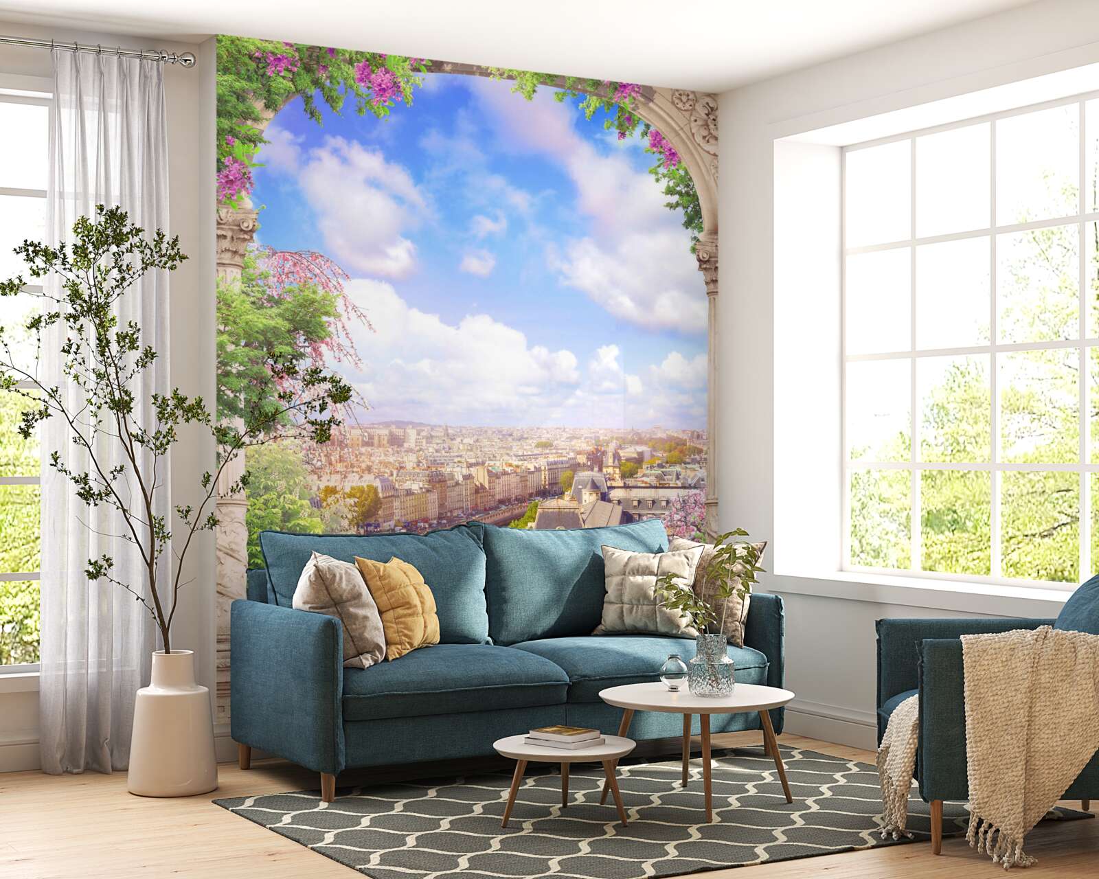 Fotobehang panorama van de stad vanaf een bloeiend balkon