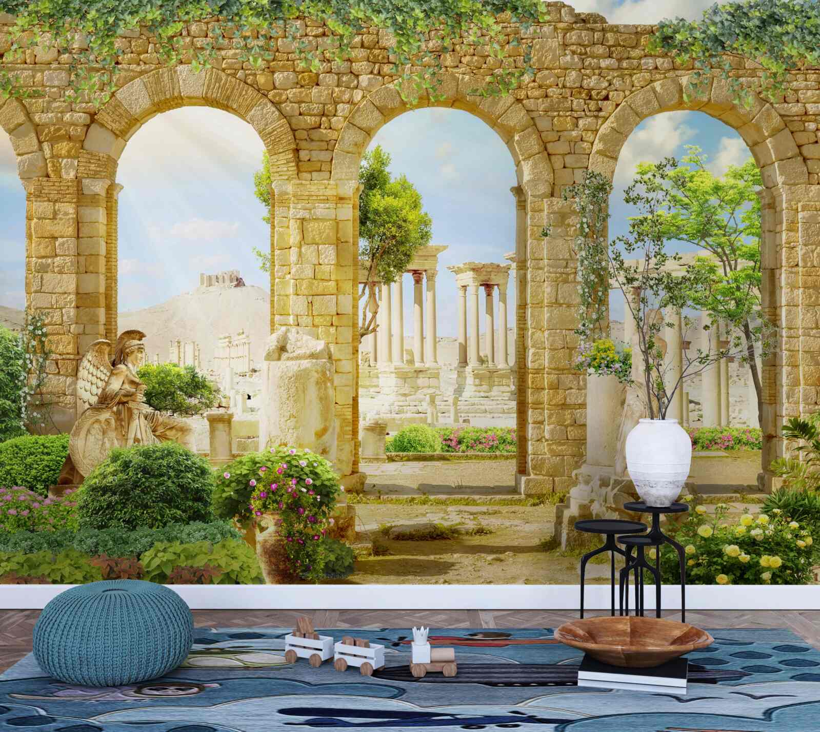 Fotobehang antieke vormen omringd door groen