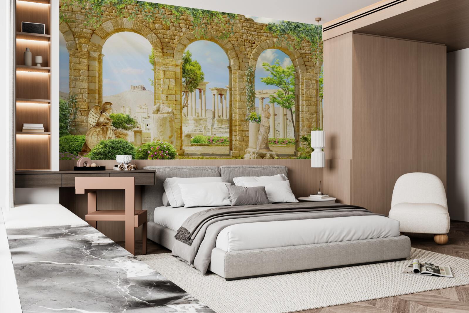 Fotobehang antieke vormen omringd door groen