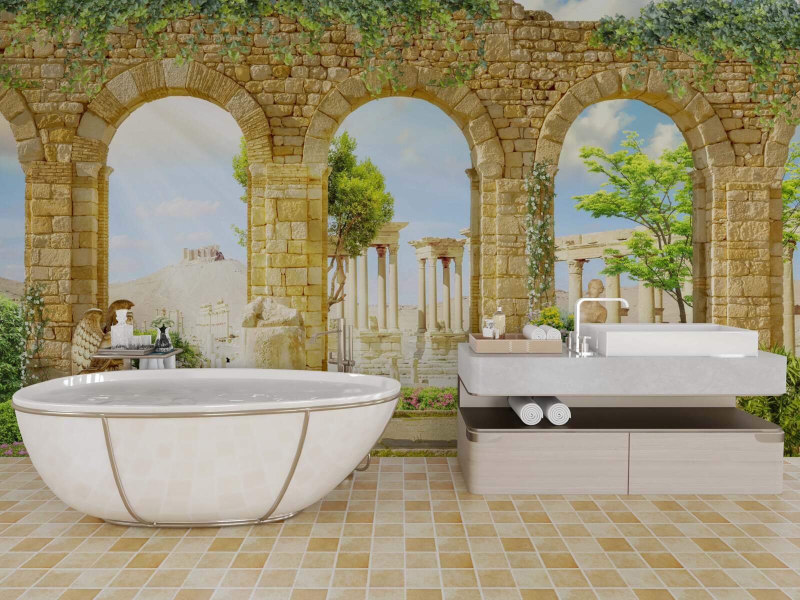 Fotobehang antieke vormen omringd door groen