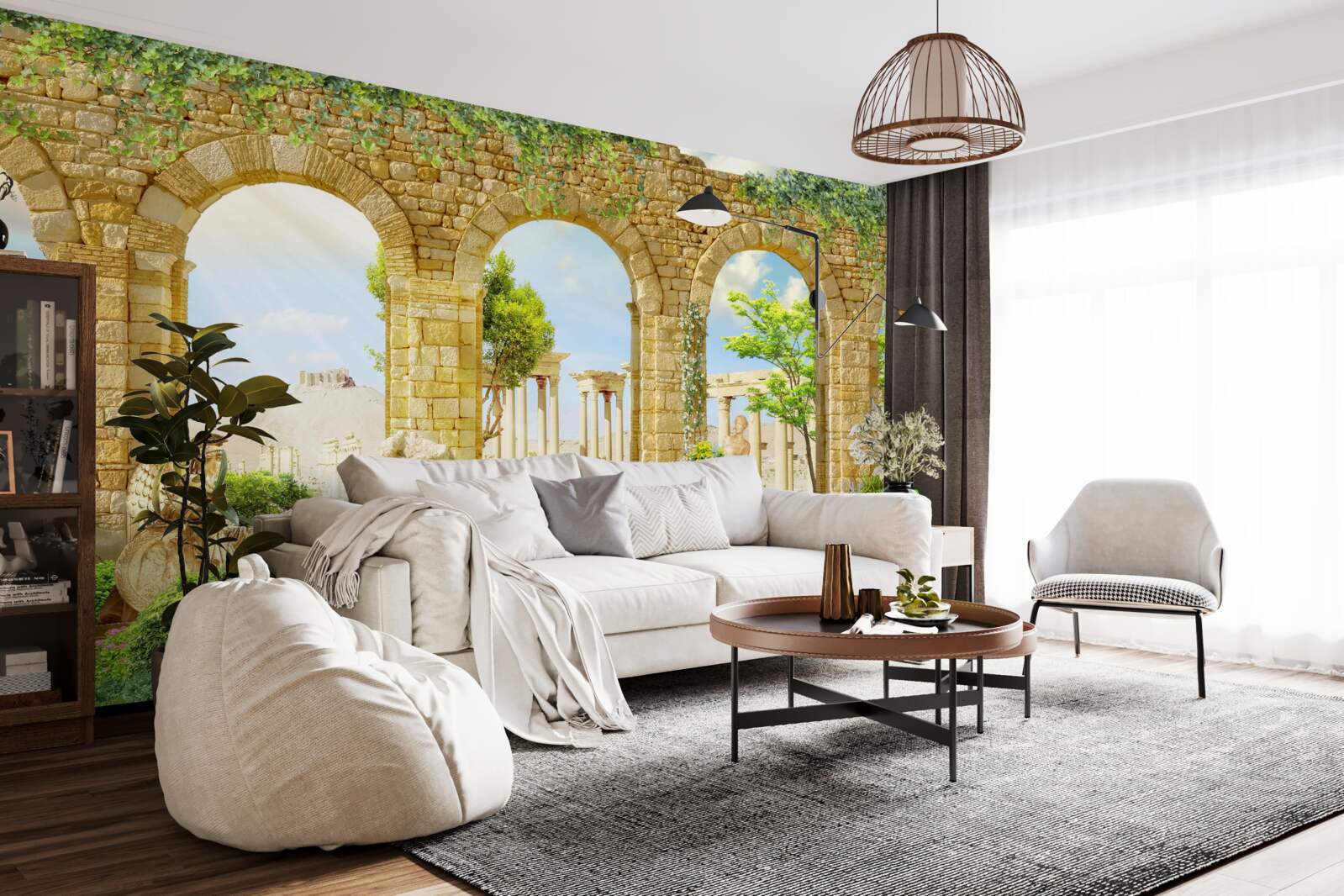 Fotobehang antieke vormen omringd door groen