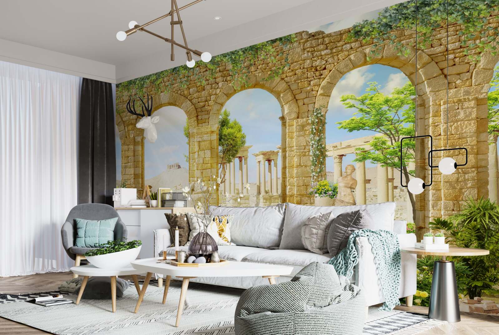 Fotobehang antieke vormen omringd door groen