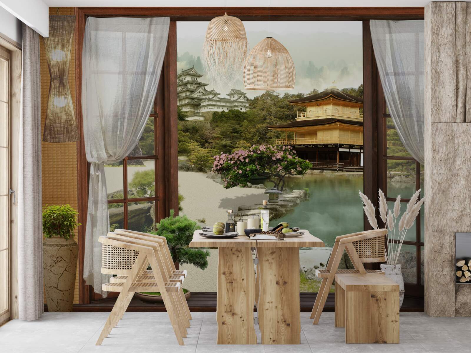 Fotobehang uitzicht vanuit een huis in oosterse stijl