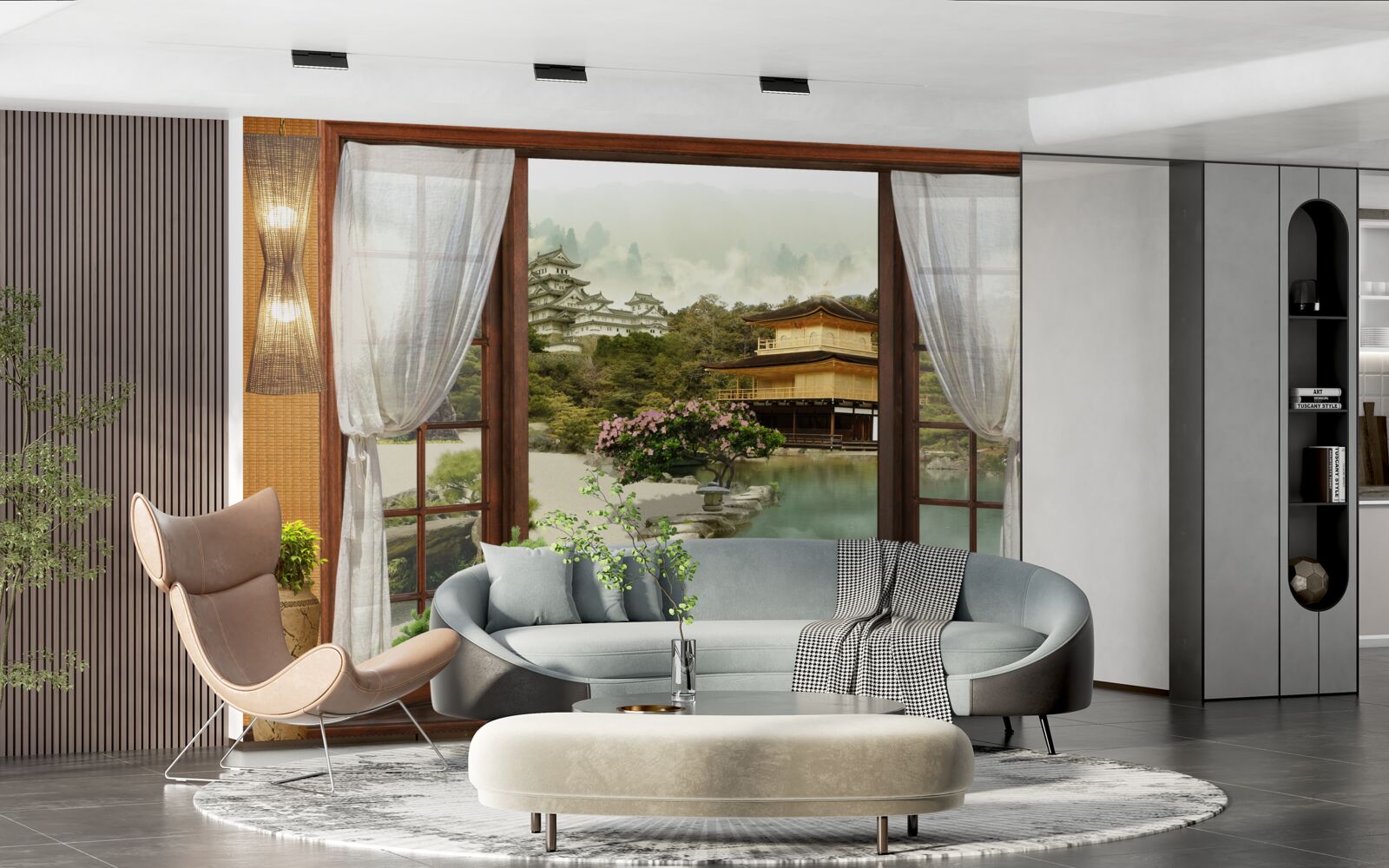 Fotobehang uitzicht vanuit een huis in oosterse stijl