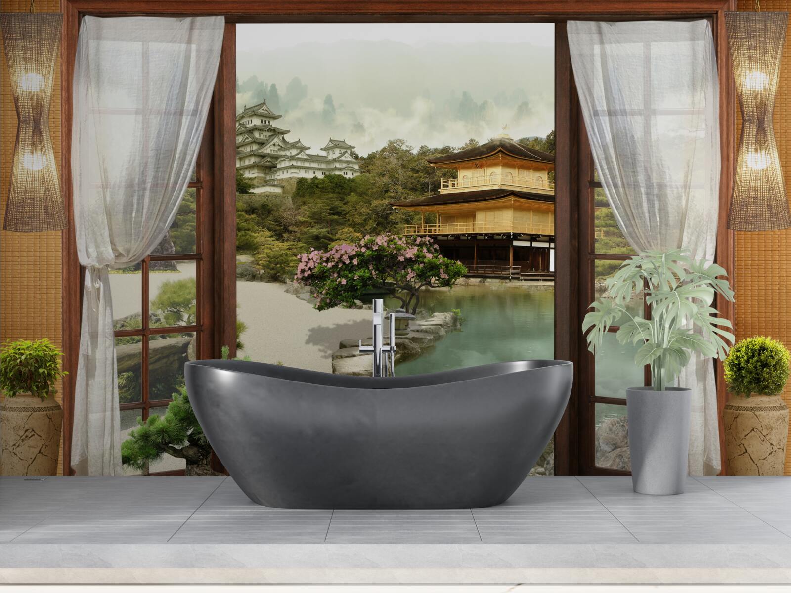 Fotobehang uitzicht vanuit een huis in oosterse stijl