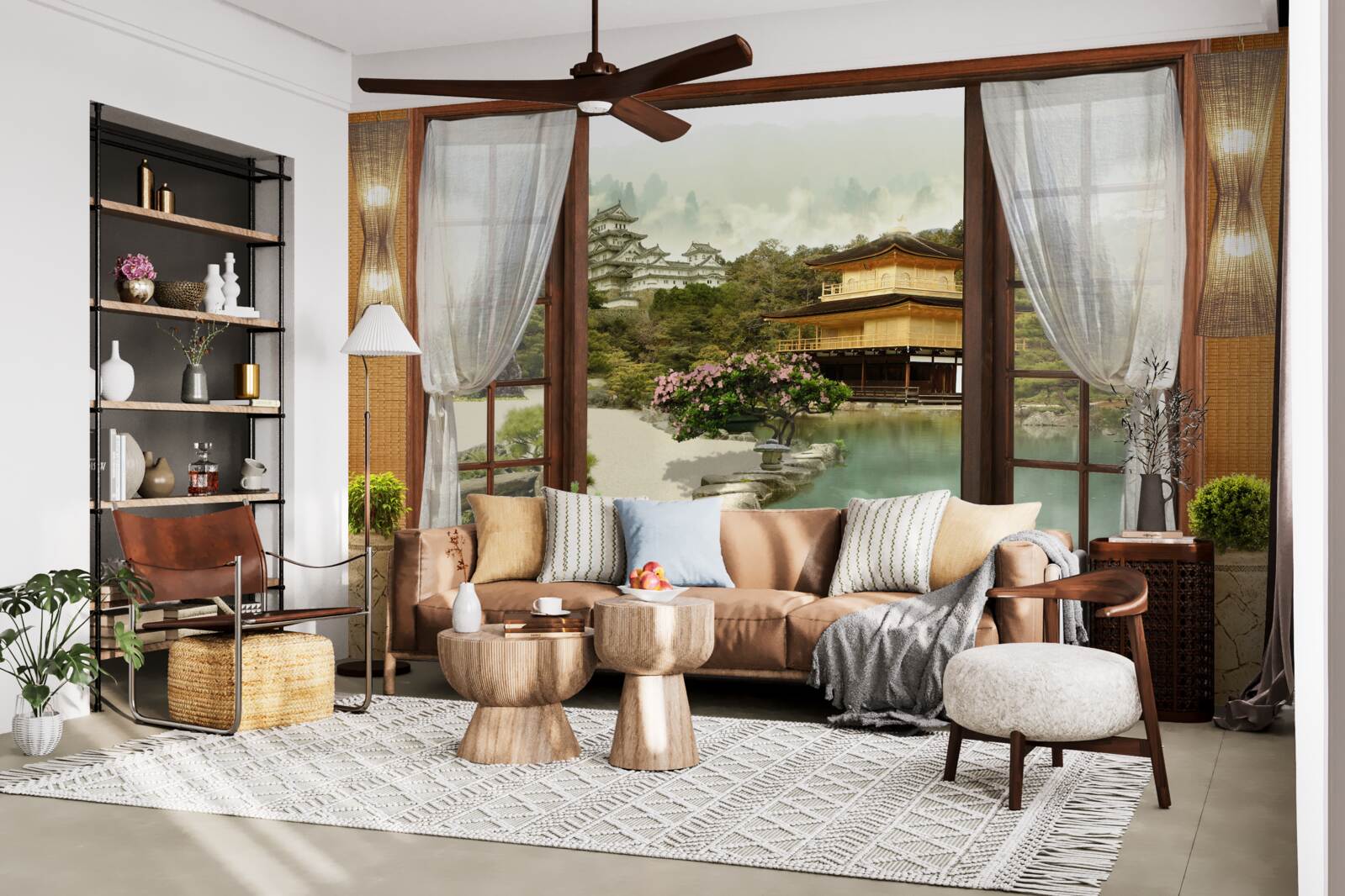 Fotobehang uitzicht vanuit een huis in oosterse stijl