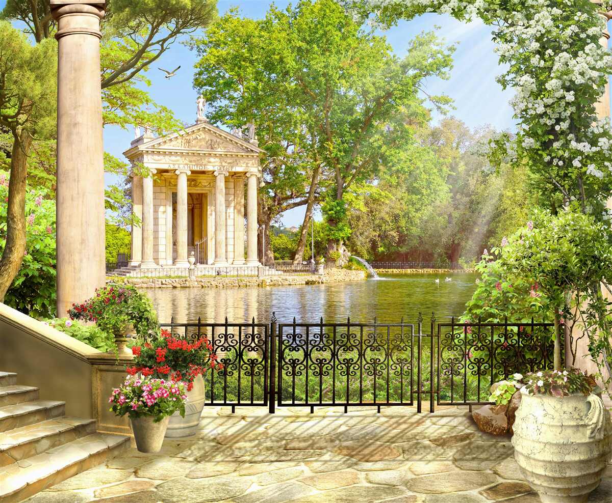 Fotobehang panorama van het meer en het paviljoen