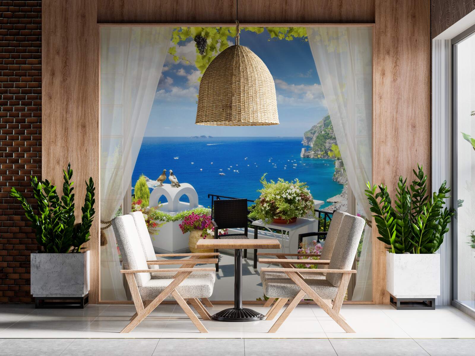 Fotobehang klein balkon met een schilderachtig uitzicht op de oceaan