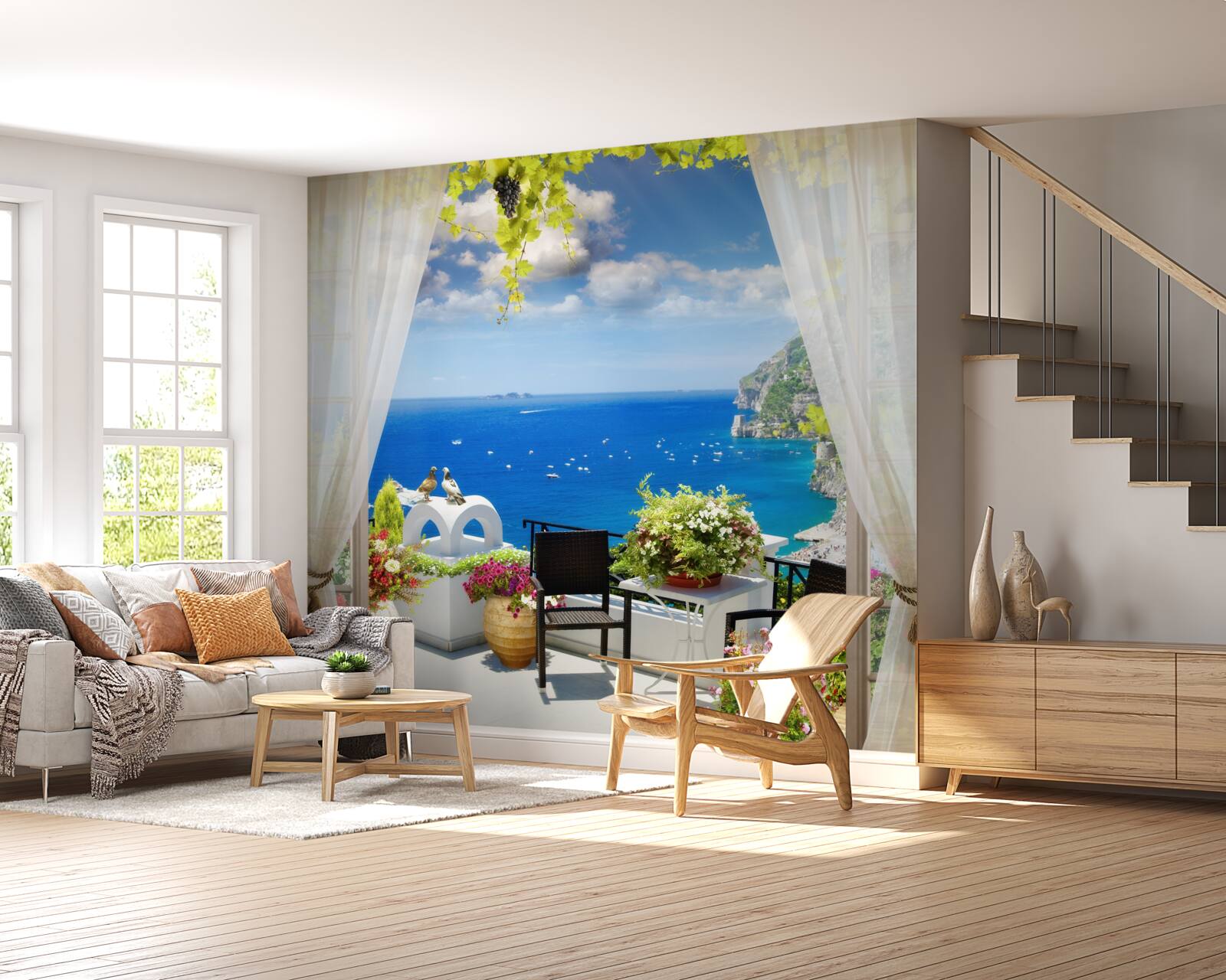 Fotobehang klein balkon met een schilderachtig uitzicht op de oceaan