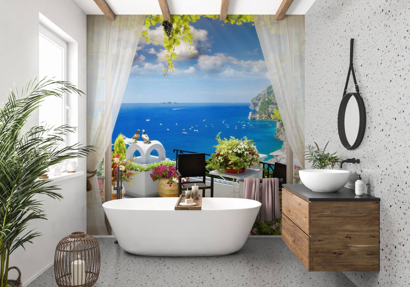 Fotobehang klein balkon met een schilderachtig uitzicht op de oceaan