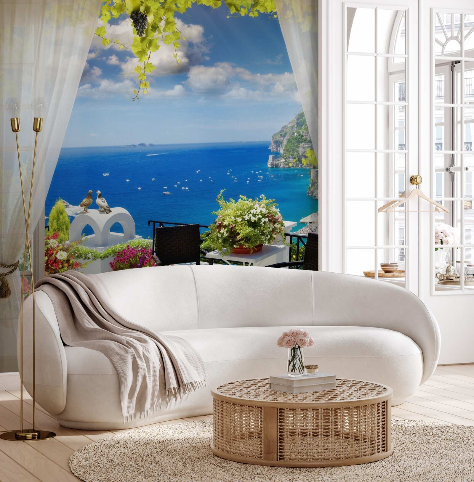 Fotobehang klein balkon met een schilderachtig uitzicht op de oceaan