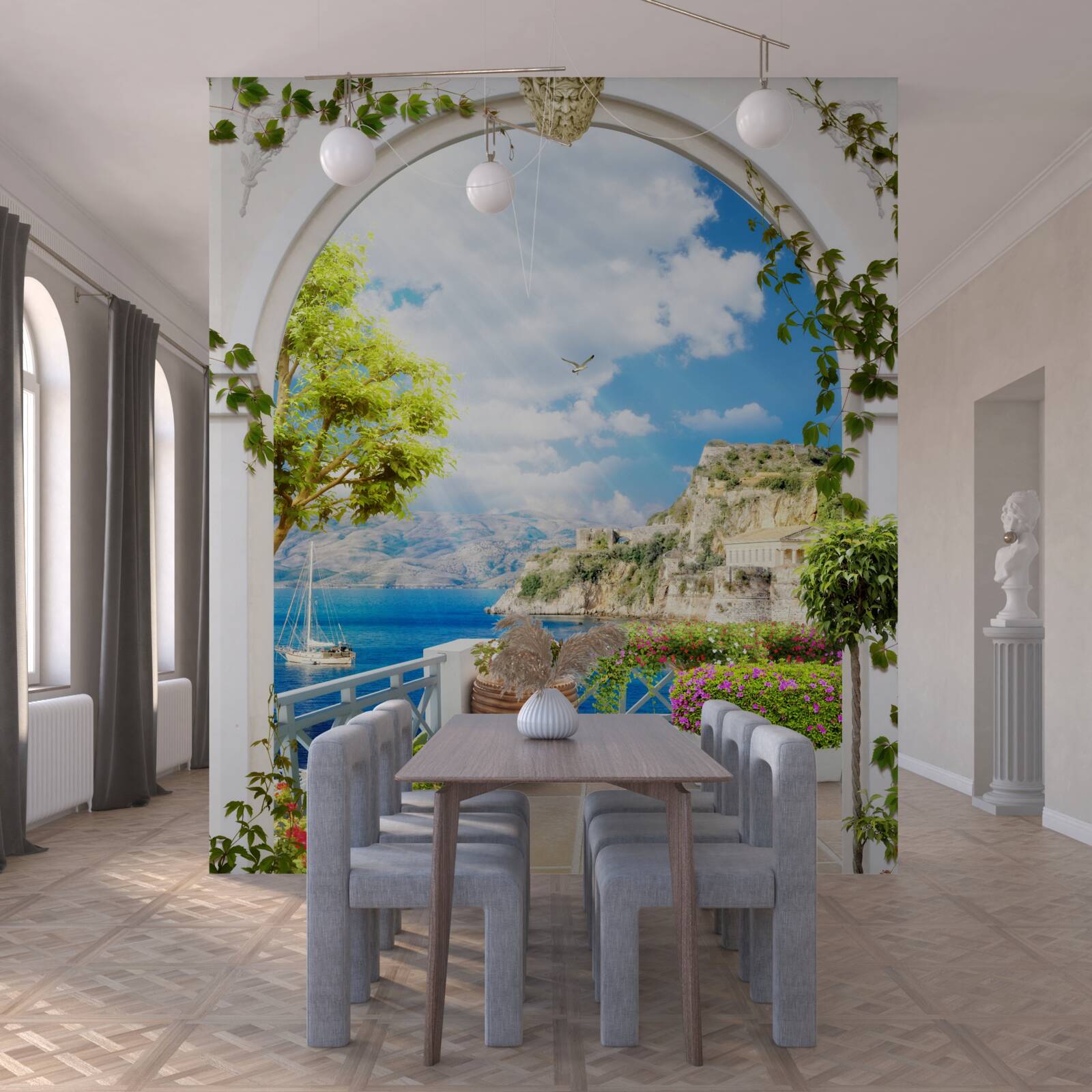 Fotobehang raam met uitzicht op de bergen en de zee