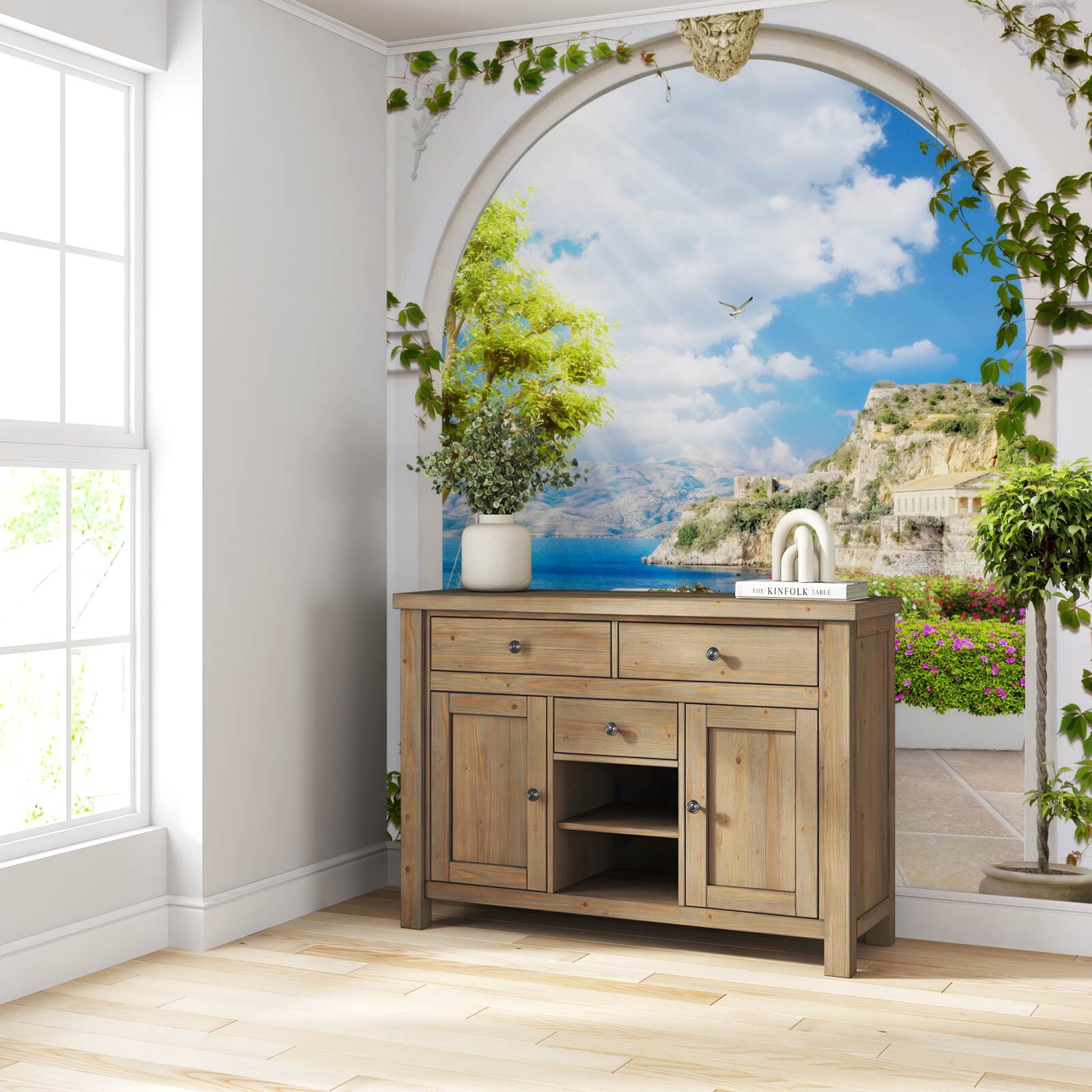 Fotobehang raam met uitzicht op de bergen en de zee